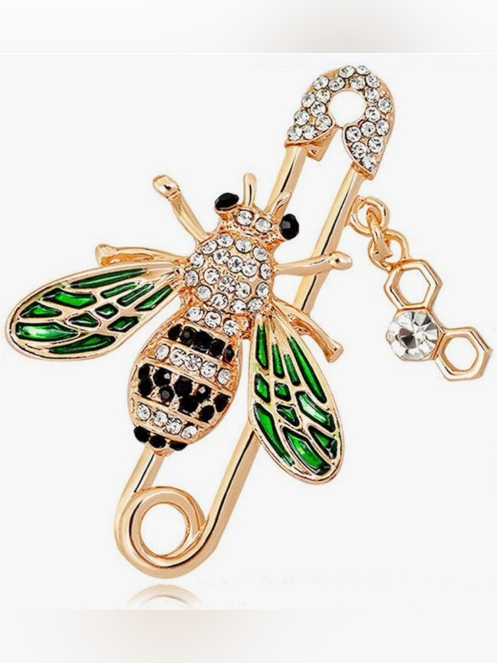 Gold-Tone Bee Brooch with Green Enamel Wings and Crystal Accents